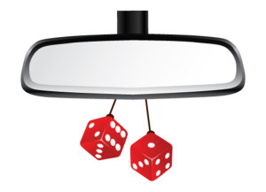 Isolated Rear View mirror with pair of red dices. Vector Illustr